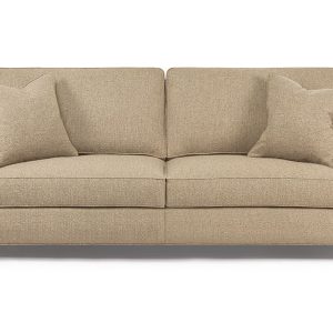 The Kayleigh/Kerr Sofa features spike legs, waterfall valance, or turned brass cap/caster legs, and William Birch arms, box back cushions.