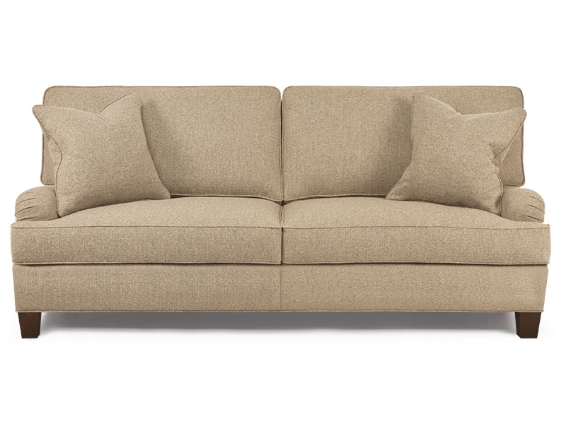 The Kayleigh/Kerr Sofa features spike legs, waterfall valance, or turned brass cap/caster legs, and William Birch arms, box back cushions.